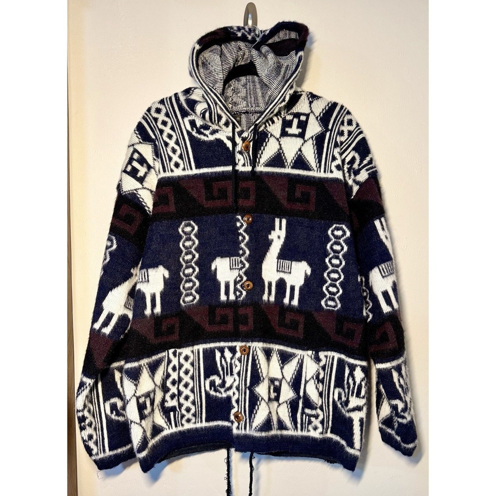 Tejidos Ruminahui Wool Cardigan Sweater Men's XL Hooded Llama Otavalo Ecuador